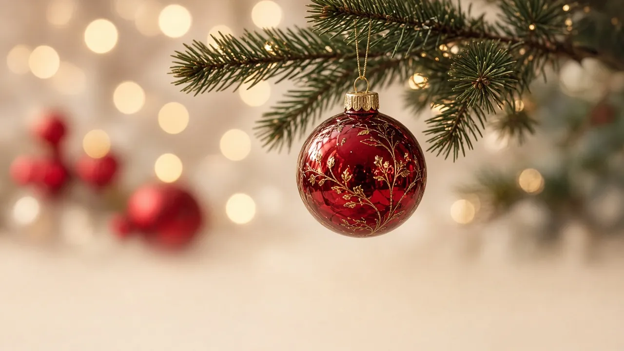 Red glass Christmas bauble hanging on a tree branch