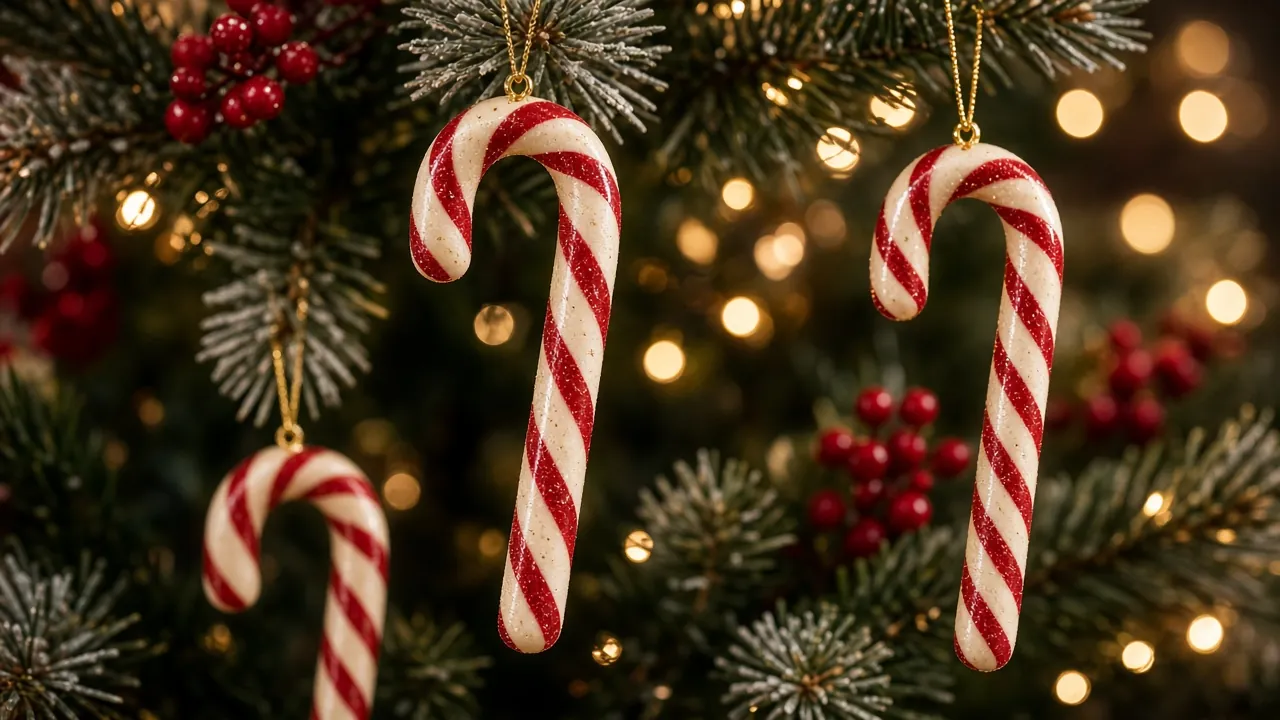 Red and white candy cane ornaments hanging on a tree