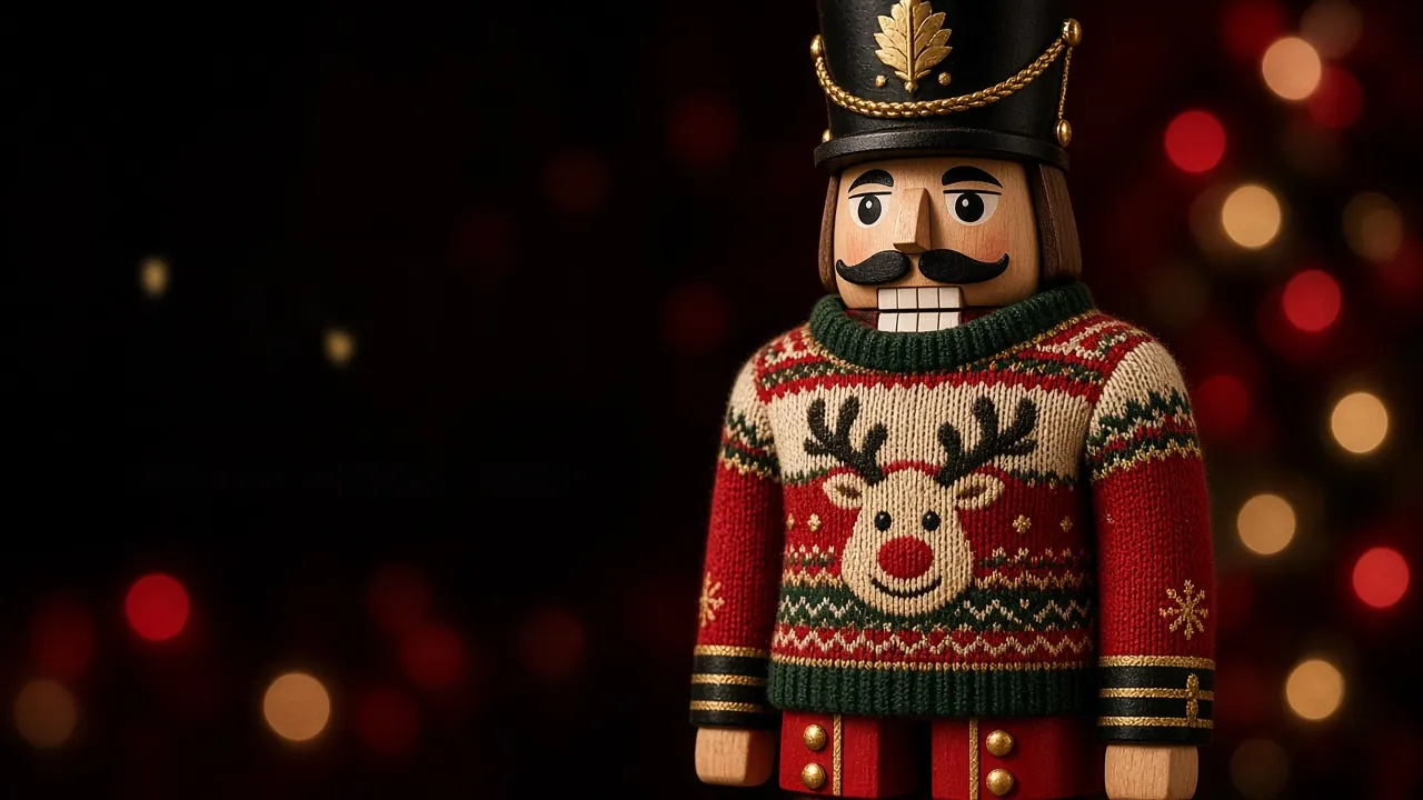 Wooden nutcracker wearing a reindeer knit sweater