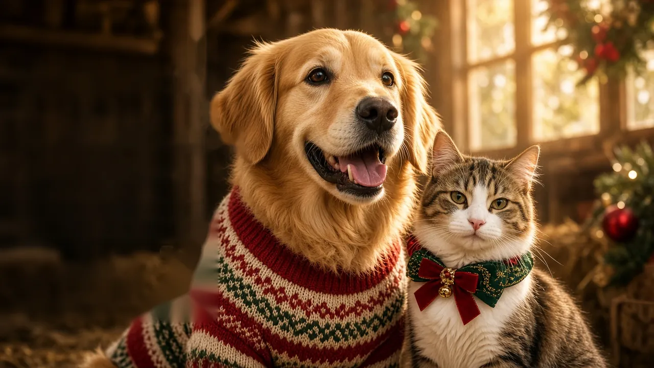 Golden retriever in a Christmas sweater next to a tabby cat with a red bow in a cozy barn