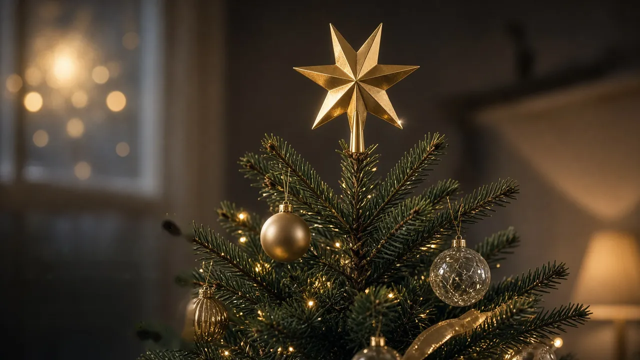 Golden star topper on a Christmas tree