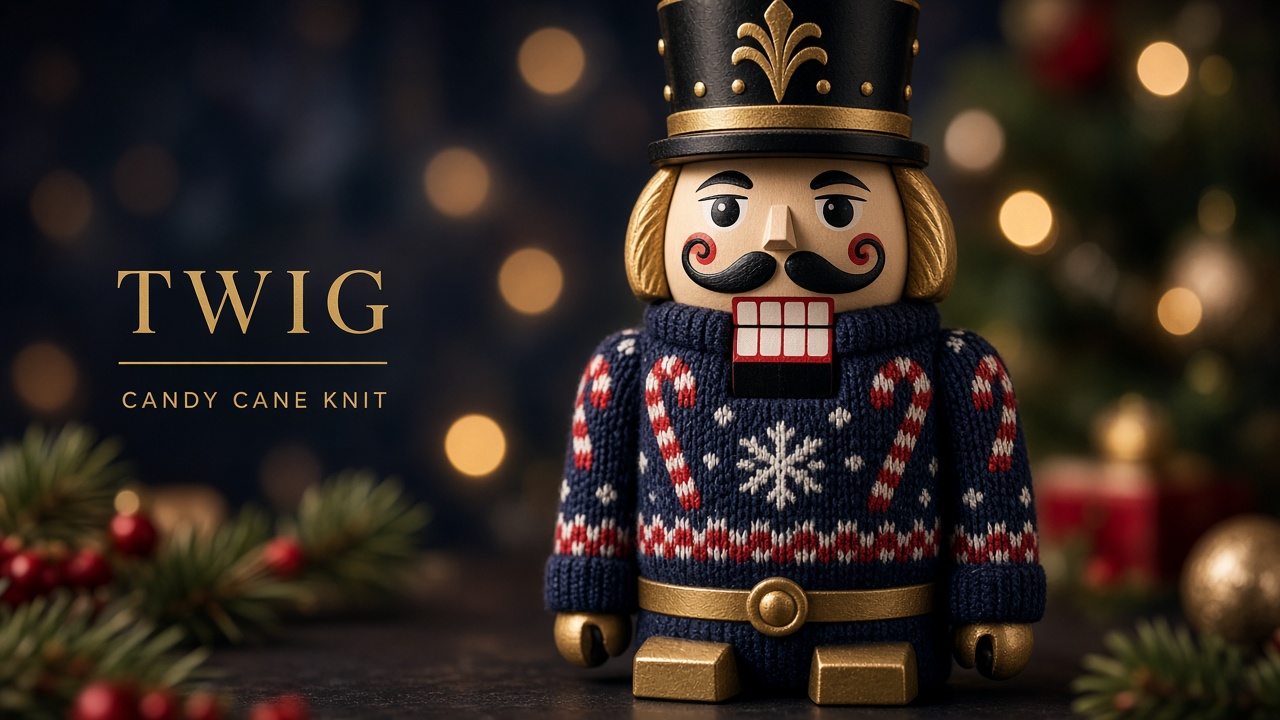 Wooden nutcracker wearing a candy cane knit sweater