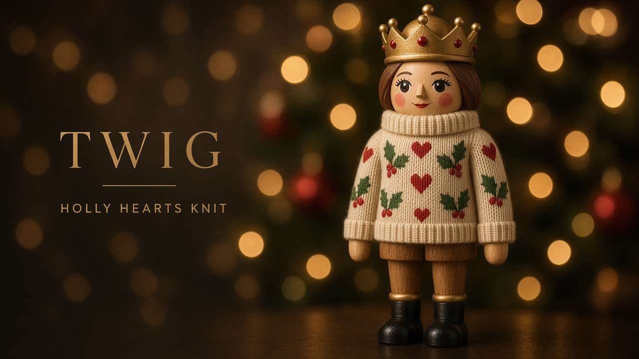 Lady nutcracker wearing a holly hearts knit sweater
