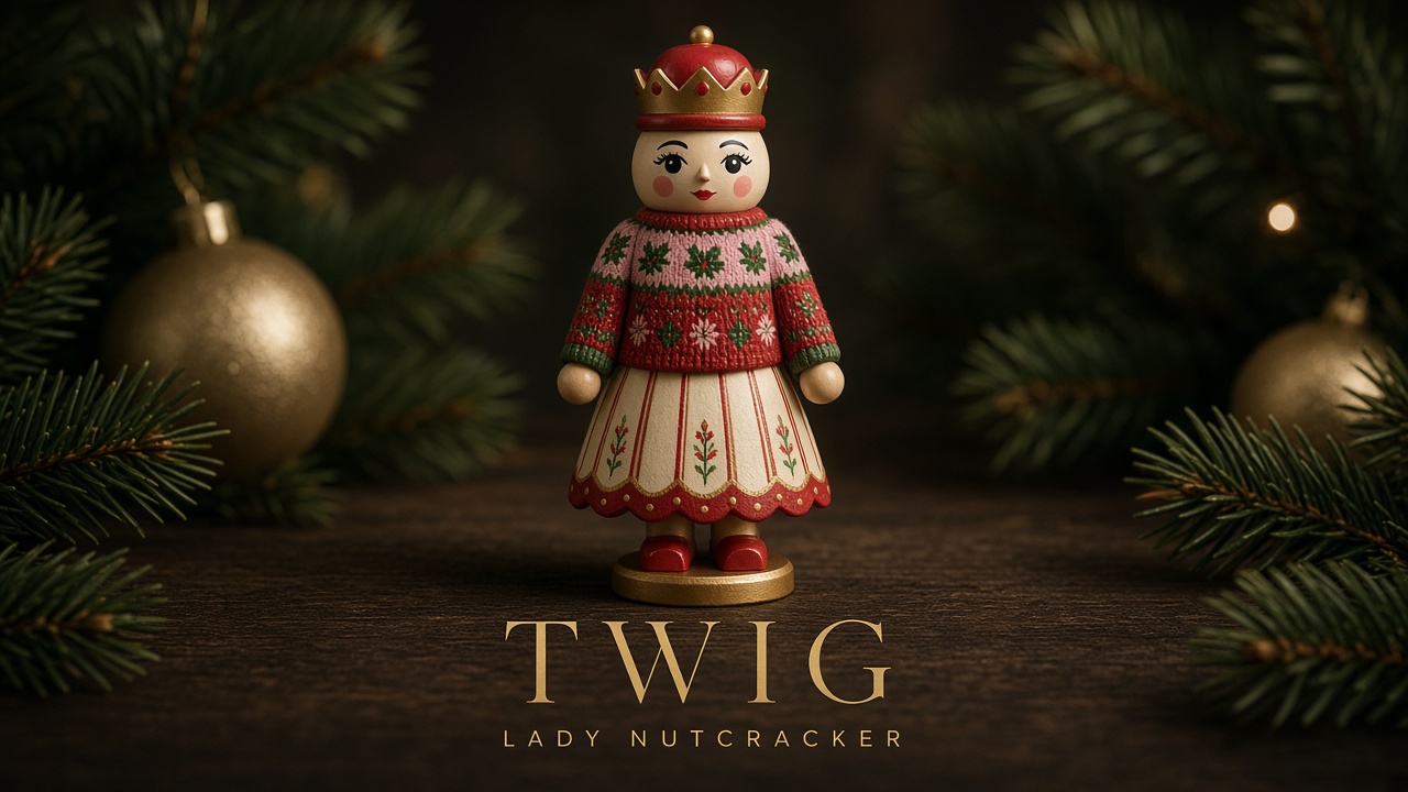 Lady nutcracker wearing a holly knit sweater