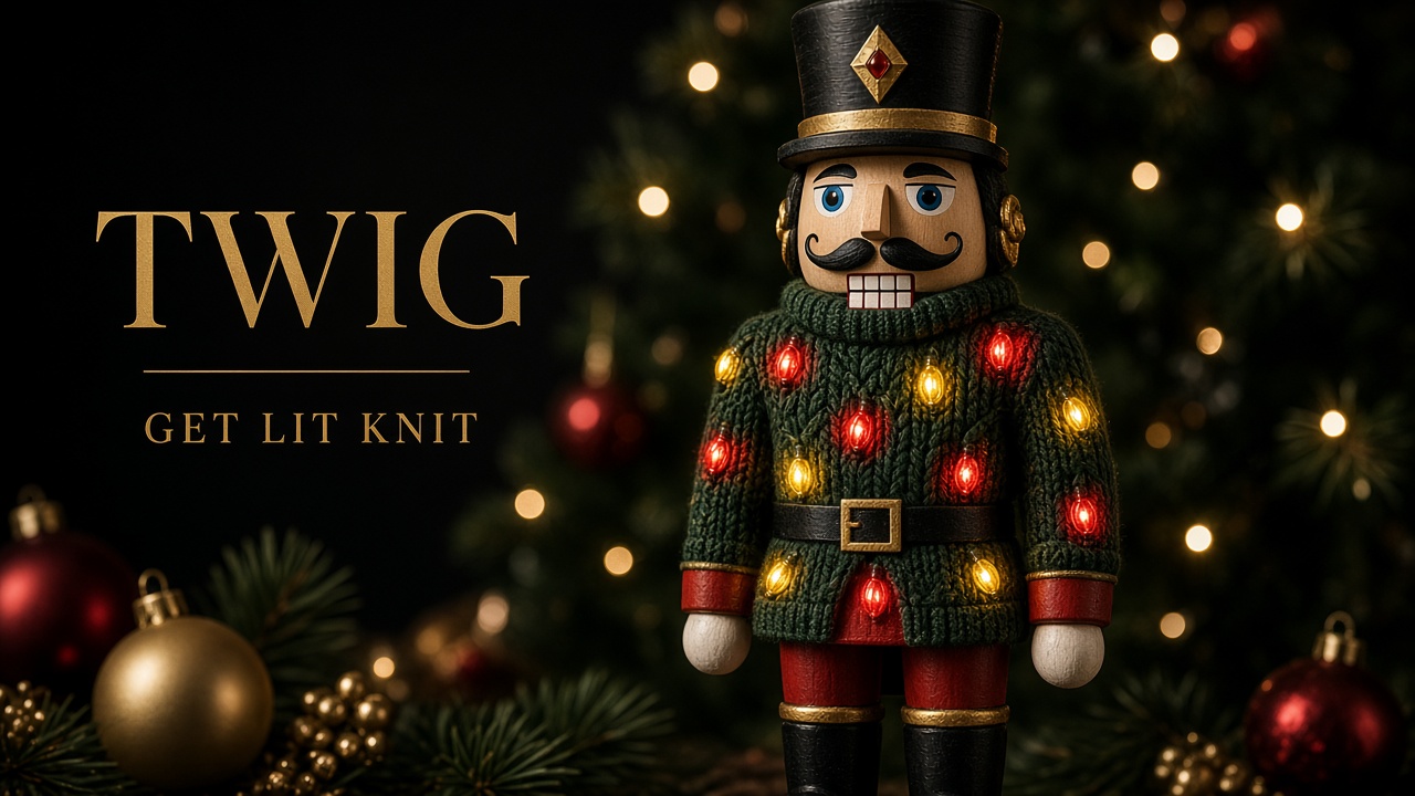 Wooden nutcracker wearing a get lit party sweater