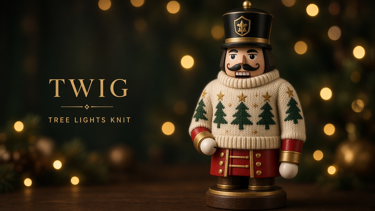 Wooden nutcracker wearing a tree lights knit sweater