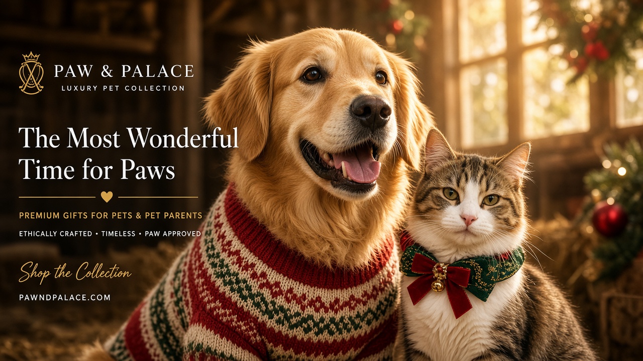 Dog and cat in holiday scene at the reindeer barn