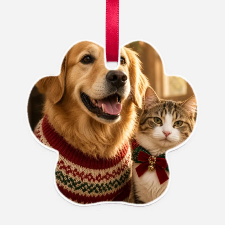 Paw-shaped metal ornament printed with a golden retriever and a tabby cat in Christmas sweaters