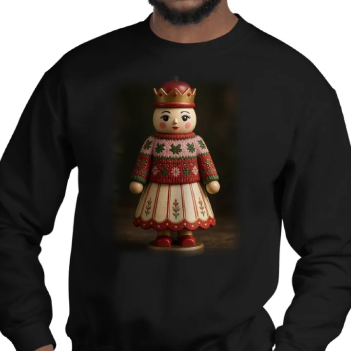 Black crewneck sweatshirt printed with a lady wooden nutcracker in a holly sweater