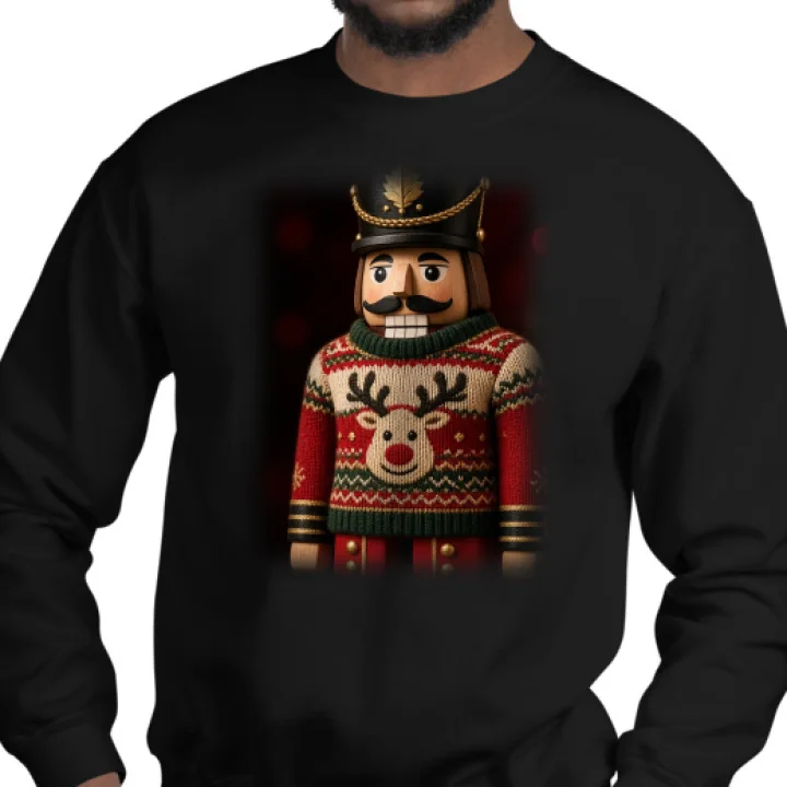 Black crewneck sweatshirt printed with a wooden nutcracker in a reindeer sweater