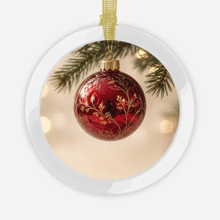 Round glass Christmas ornament printed with a red bauble