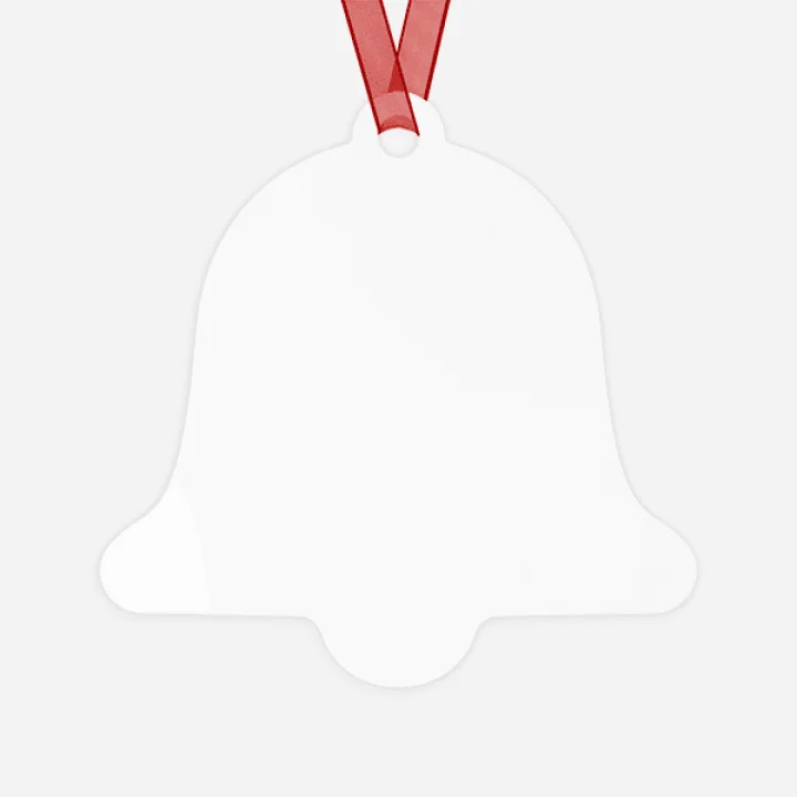 Metal bell-shaped Christmas ornament with red ribbon, shown blank