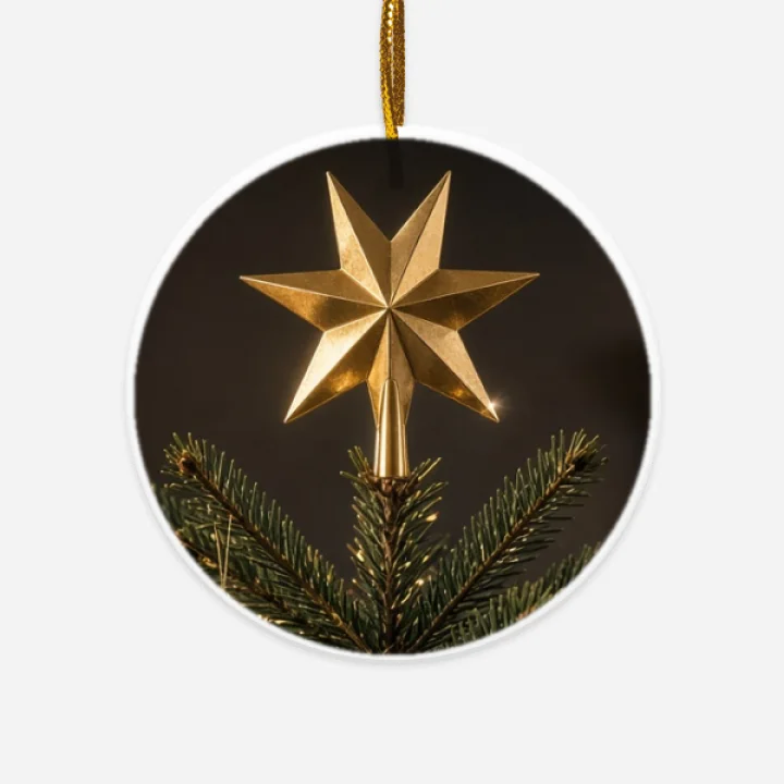 Round ceramic Christmas ornament printed with a gold star on a tree top